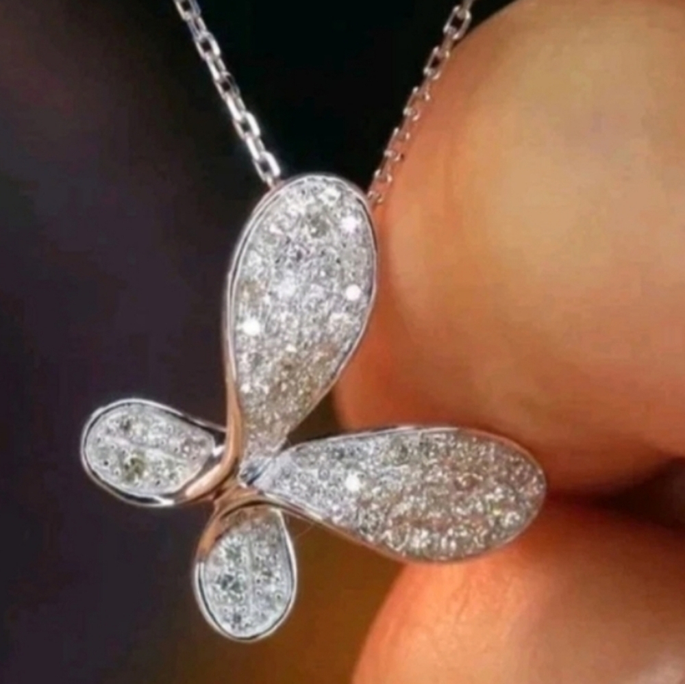 1ct Round Cut Real Moissanite Pretty Butterfly Pendant 14k White Gold Plated 18"